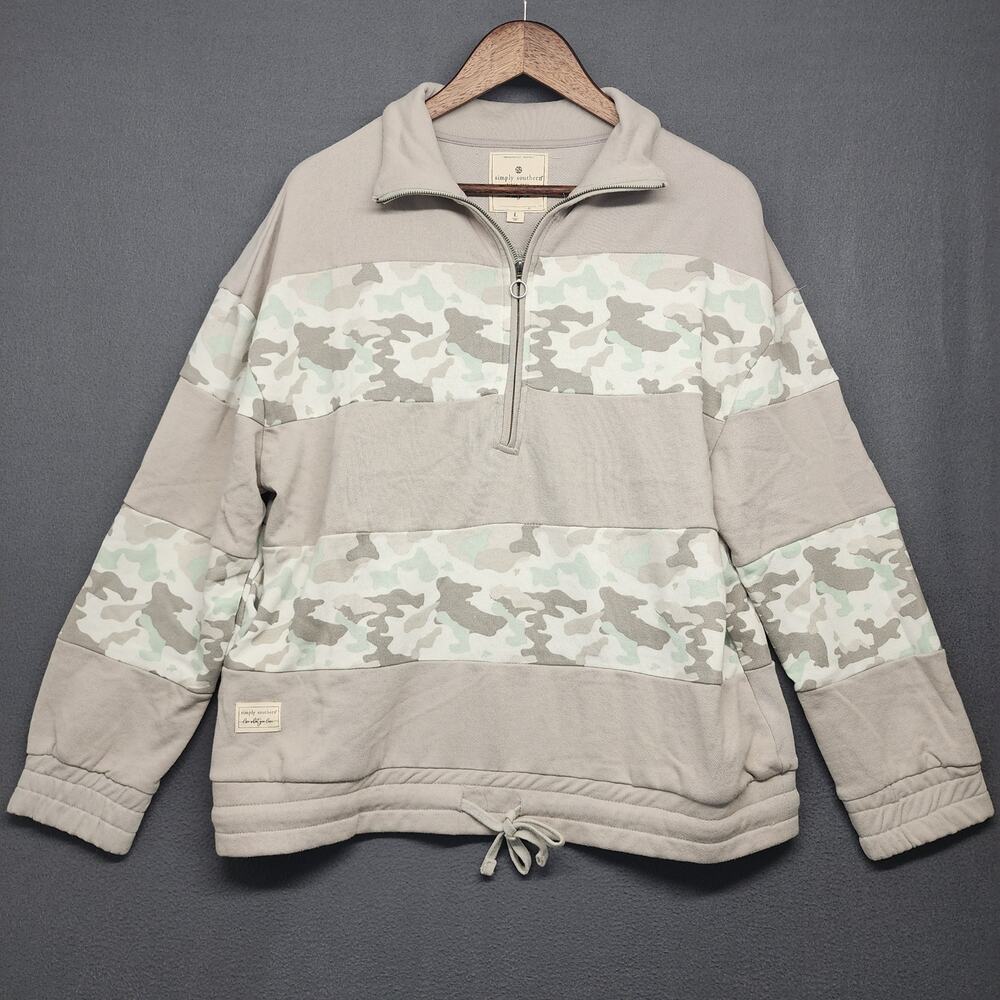 Simply Southern 1/4 Quarter Zip Pullover Large Grey Camo Pockets Casual